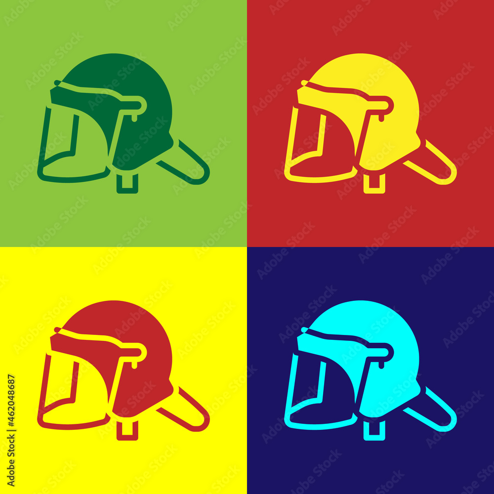 Sticker Pop art Police helmet icon isolated on color background. Military helmet. Vector