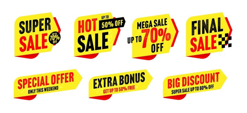 Super sale sticker, hot price tag, big discount badge set. Extra bonus and special offer with up to 50, 70 or 80 percent sale off only on weekend vector illustration isolated in white background