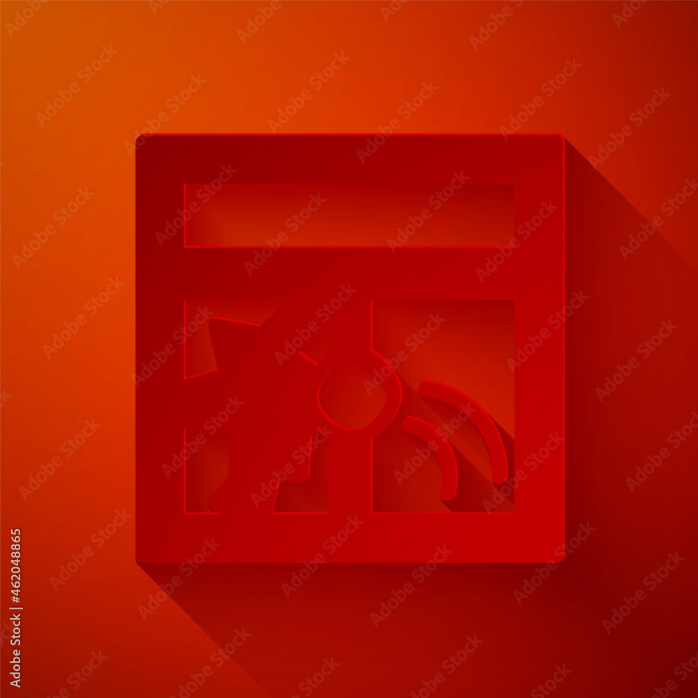 Poster paper cut broken window icon isolated on red background. damaged window. beaten windowpane concept. 