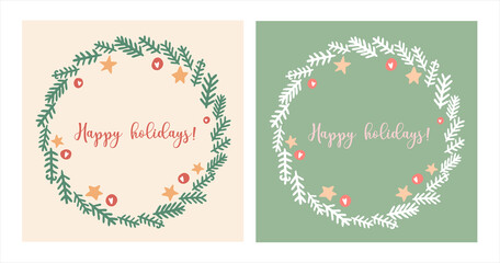 Christmas Wreath in simple hand drawn doodle style with cute decorations. Xmas greeting card template, winter season festive poster or postcard design. Two soft vintage color variations. 	