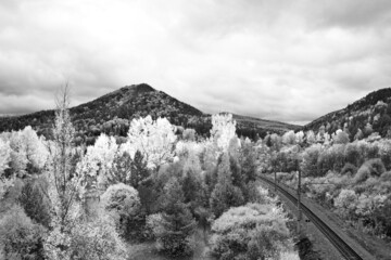 Black and white landscape, mountains and road
