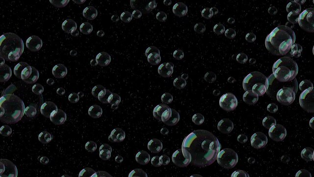 Futuristic soap bubbles in neon rays randomly move in space. Screensaver for TV, festival, conference. 4K. 3D. Isolated black background.