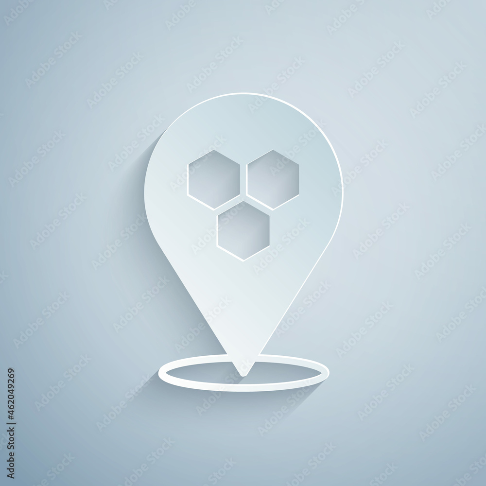Poster Paper cut Honeycomb bee location map pin pointer icon isolated on grey background. Farm animal map pointer. Paper art style. Vector