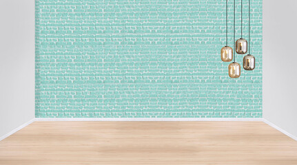 empty house interior design and lamp on green stone wall. 3D illustration