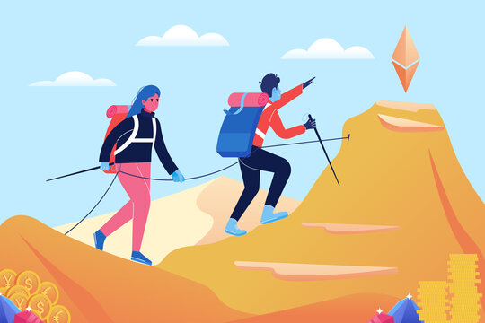 Couple Hiking in the Golden Mountains Flat Vector Illustration