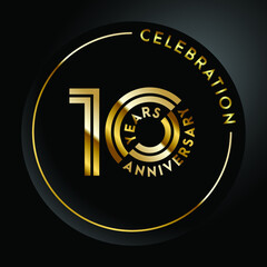 10th anniversary, anniversary celebration vector design with gold color on black geometric background and circle shape.