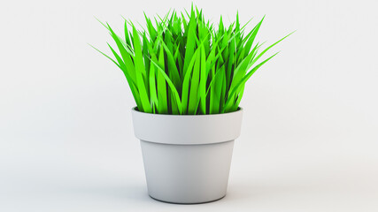 Green grass in a gray pot on a white background. 3d rendering illustration.