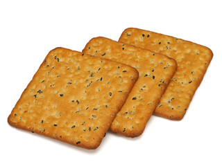 Three delicious crackers on white background, top view