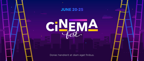Horizontal bright color cinema festival template with color films, blue background and text. Vector illustration. - obrazy, fototapety, plakaty