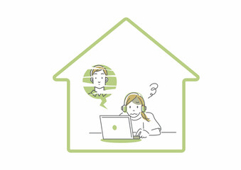 オンラインミーティングでネット回線が不安定で困っている女性　シンプルでお洒落な線画イラスト