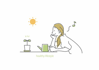 鼻歌を歌いながら笑顔で植物に水をやる女性　シンプルでお洒落な線画イラスト © fumi