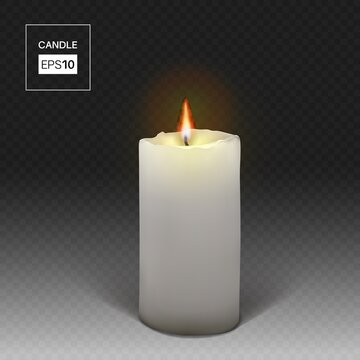 Realistic burning white candle on a transparent background. 3d candle with melting wax, flame and halo of light. Vector illustration with mesh gradients. EPS10.