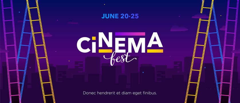 Horizontal bright color cinema festival template with color films, blue background and text. Vector illustration.