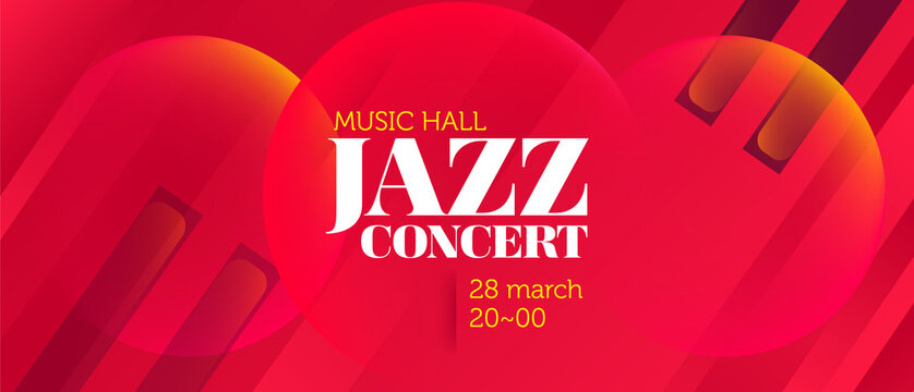 Horizontal red music jazz background with piano keys, graphic elements and text. Vector illustration.