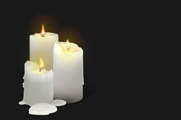 Set of realistic burning white candles on a black background. 3d candles with melting wax, flame and halo of light. Vector illustration with mesh gradients. EPS10.