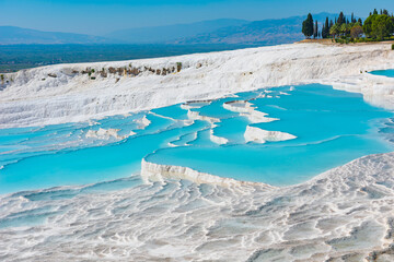 Natural travertine pools and terraces in Pamukkale, Turkey.