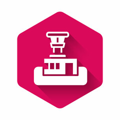 White Airport control tower icon isolated with long shadow background. Pink hexagon button. Vector