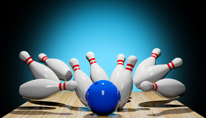 3d render of a bowling strike with skittles and a ball.Digital image illustration.	