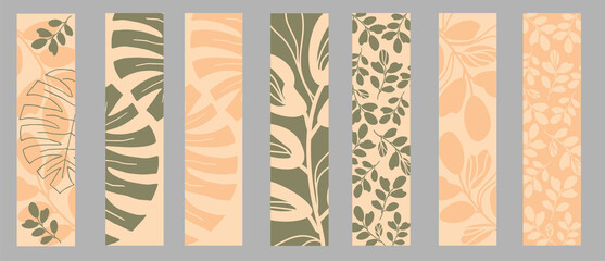 Set of vector bookmarks. Abstract tropical leaves and branches . Design in pastel colors. Can be used background, banner, cover.
