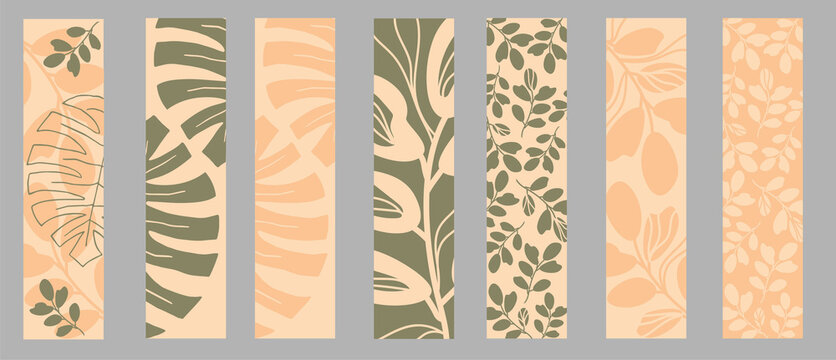 Set of vector bookmarks. Abstract tropical leaves and branches . Design in pastel colors. Can be used background, banner, cover.