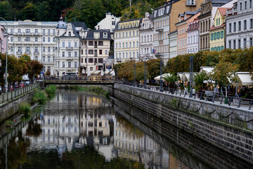 Slow Travel Europe: Karlovy Vary (Karlsbad) in Czech Republic - reflections of the houses at Stará Louka in the Teplá river