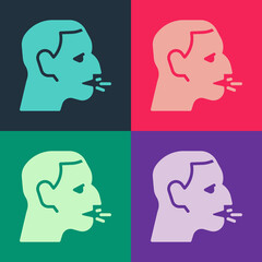 Pop art Man coughing icon isolated on color background. Viral infection, influenza, flu, cold symptom. Tuberculosis, mumps, whooping cough. Vector