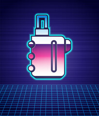Retro style Electronic cigarette icon isolated futuristic landscape background. Vape smoking tool. Vaporizer Device. 80s fashion party. Vector