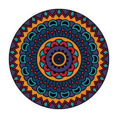 Vector mandala isolated on white background. Card with ornament in blue, red and yellow colors. Oriental pattern, vintage decorative element for design