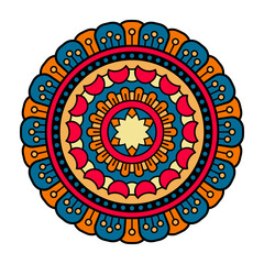 Vector mandala isolated on white background. Card with ornament in blue, red and yellow colors. Oriental motif