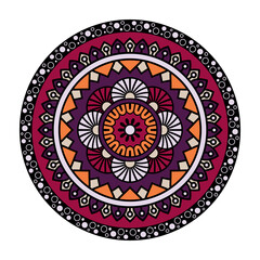 Fototapeta premium Vector mandala isolated on white background. Card with ornament in violet, red and yellow colors. Oriental pattern, vintage decorative element for design