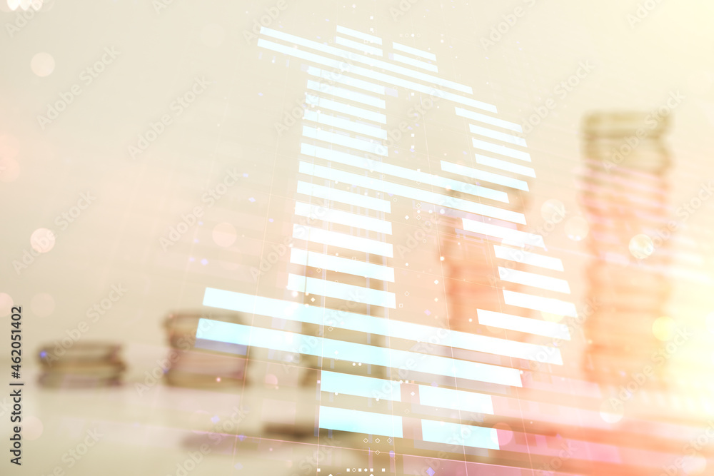 Poster double exposure of creative bitcoin symbol hologram on growing coins stacks background. mining and b