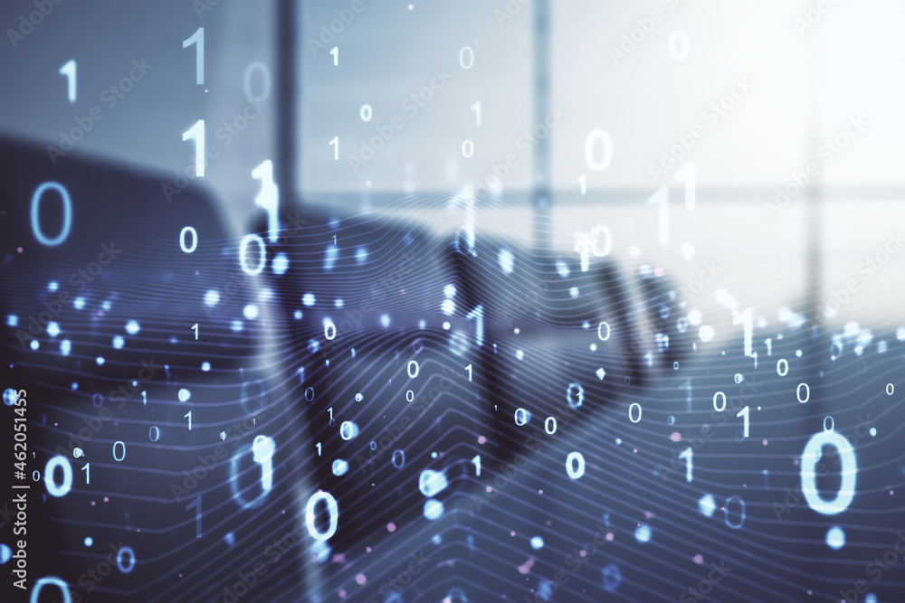 Poster abstract virtual binary code illustration on a modern conference room background. big data and codin
