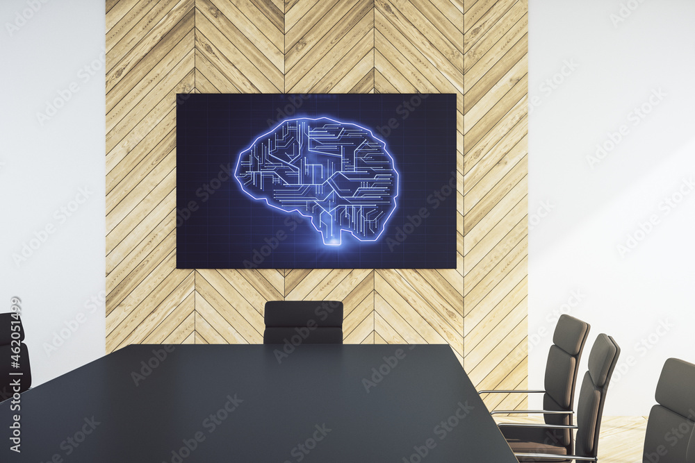 Poster creative artificial intelligence concept with human brain sketch on tv display in a modern presentat