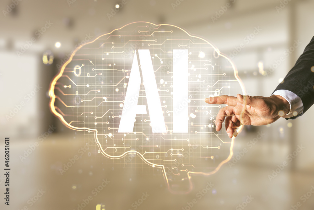 Aufkleber Man hand clicks on virtual creative artificial Intelligence hologram with human brain sketch on blurred office background. Double exposure