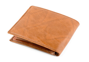 Closed brown male wallet on a white background close-up, isolate