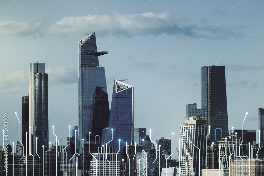 Poster abstract virtual microscheme illustration on new york city skyline background. big data and database