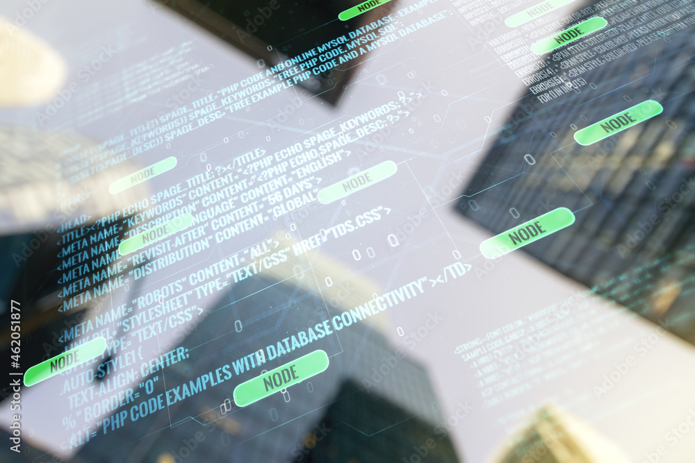 Poster multi exposure of abstract graphic coding sketch on modern architecture background, big data and net