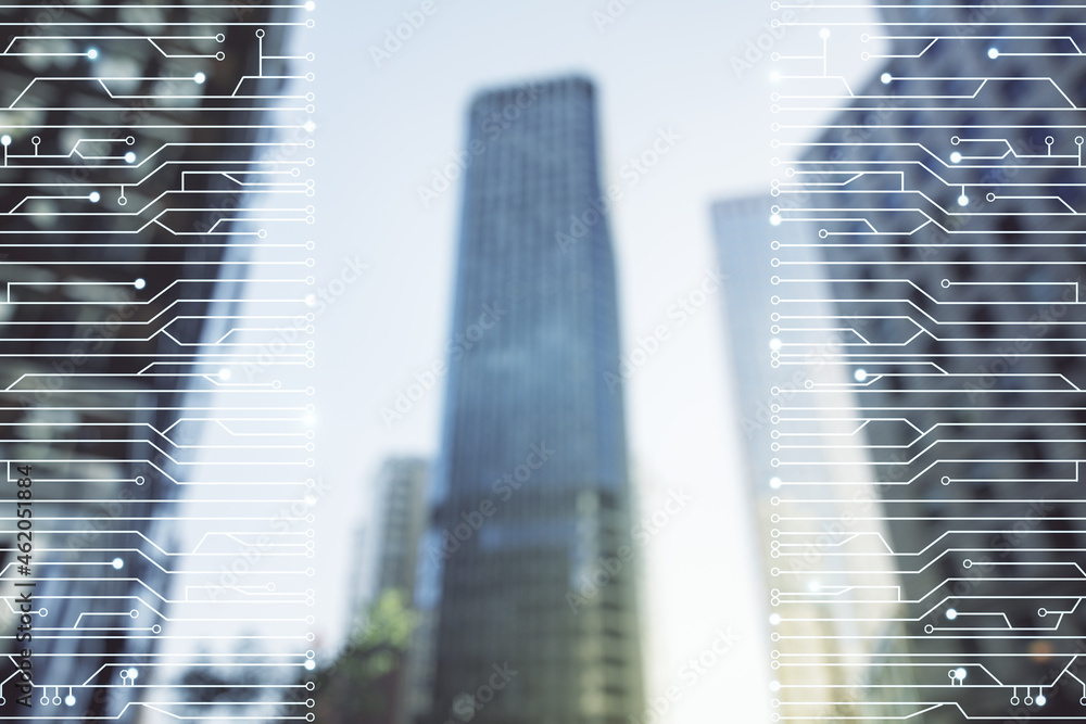 Poster abstract virtual micro chip hologram on modern architecture background, artificial intelligence and 