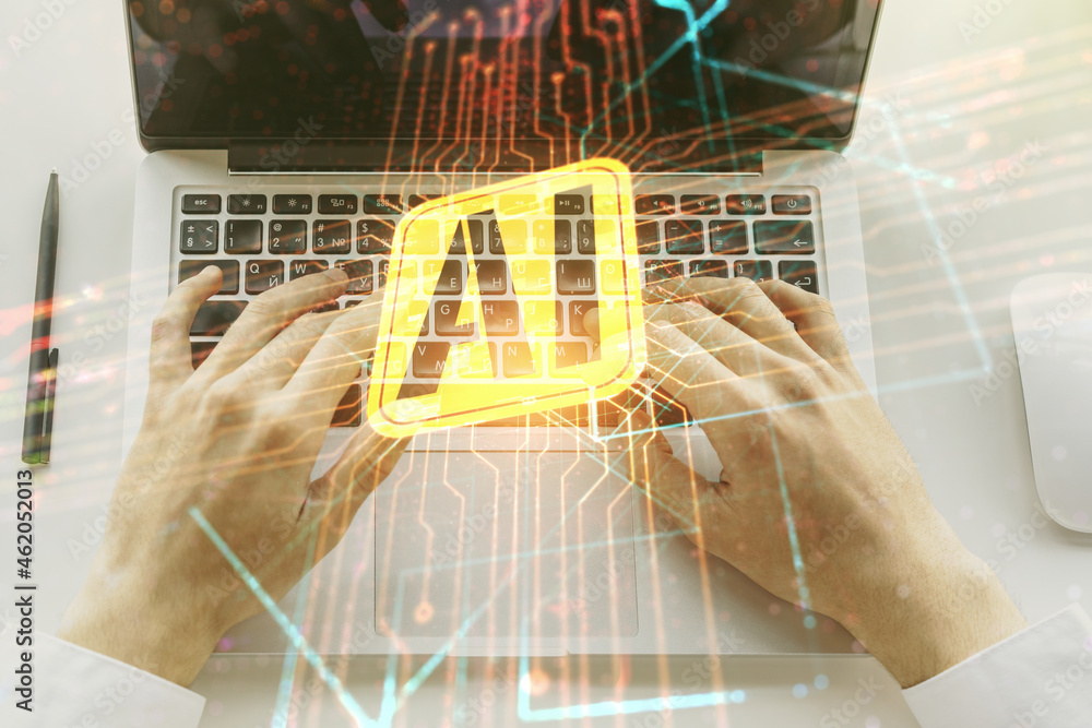 Poster double exposure of creative artificial intelligence icon with hands typing on laptop on background. 