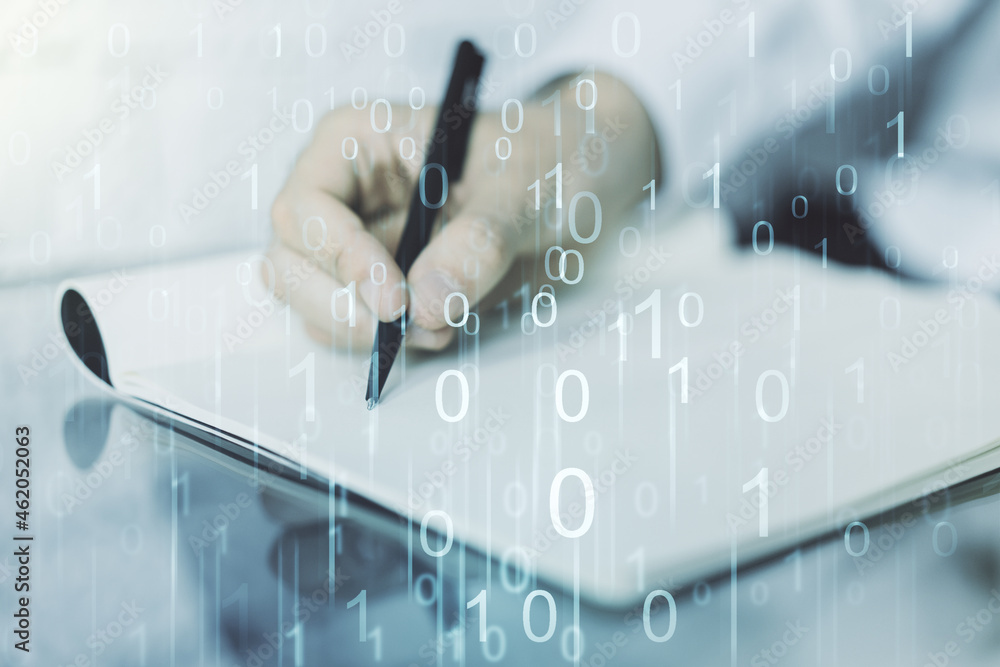 Leinwandbilder creative concept of binary code illustration and man hand writing in notebook on background. big dat