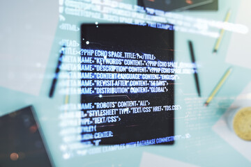 Abstract creative coding illustration and modern digital tablet on desktop on background, top view, software development concept. Multiexposure