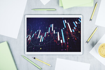 Top view of abstract creative financial graph on modern digital tablet screen, forex and investment concept. 3D Rendering