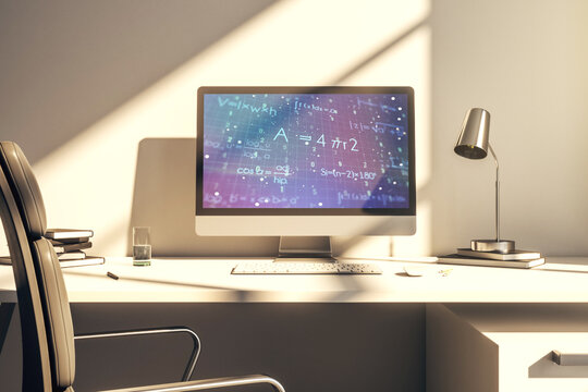 Creative scientific formula hologram on modern laptop monitor, research concept. 3D Rendering