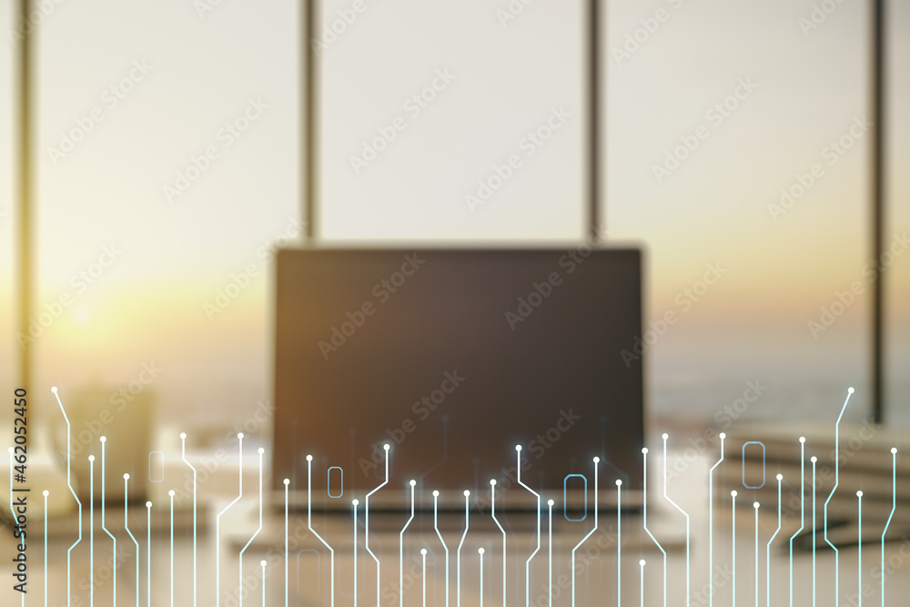 Poster creative abstract micro circuit sketch on modern laptop background, future technology and ai concept