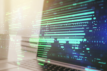 Multi exposure of abstract creative digital world map on modern laptop background, tourism and traveling concept concept