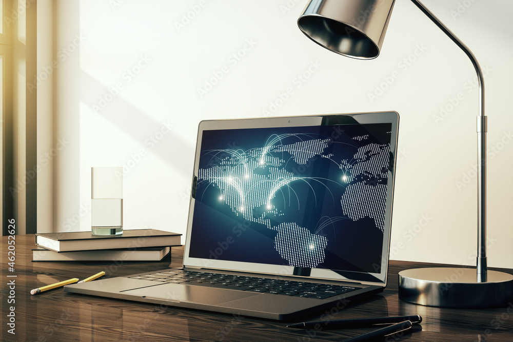 Poster modern computer monitor with abstract digital world map with connections, research and strategy conc