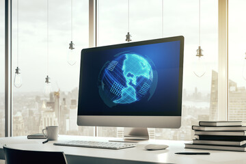 Computer monitor with digital America map, global technology concept. 3D Rendering