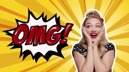 Smiling Blond woman posing look camera isolated on Vintage backdrop for comic superhero text, speech bubble. OMG phrase in vintage style for comic superhero text, speech bubble.