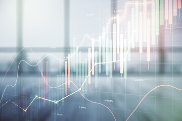 Abstract virtual financial graph hologram on empty corporate office background, forex and investment concept. Multiexposure