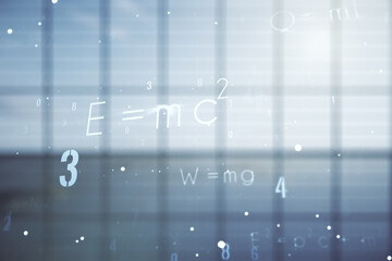 Scientific formula illustration on modern interior background, science and research concept. Multiexposure